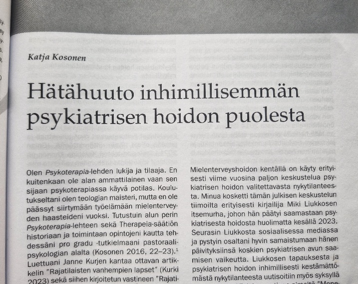 Psykoterapia-lehden kirjoitukseni ja nykypsykiatrisen hoidon kriisi